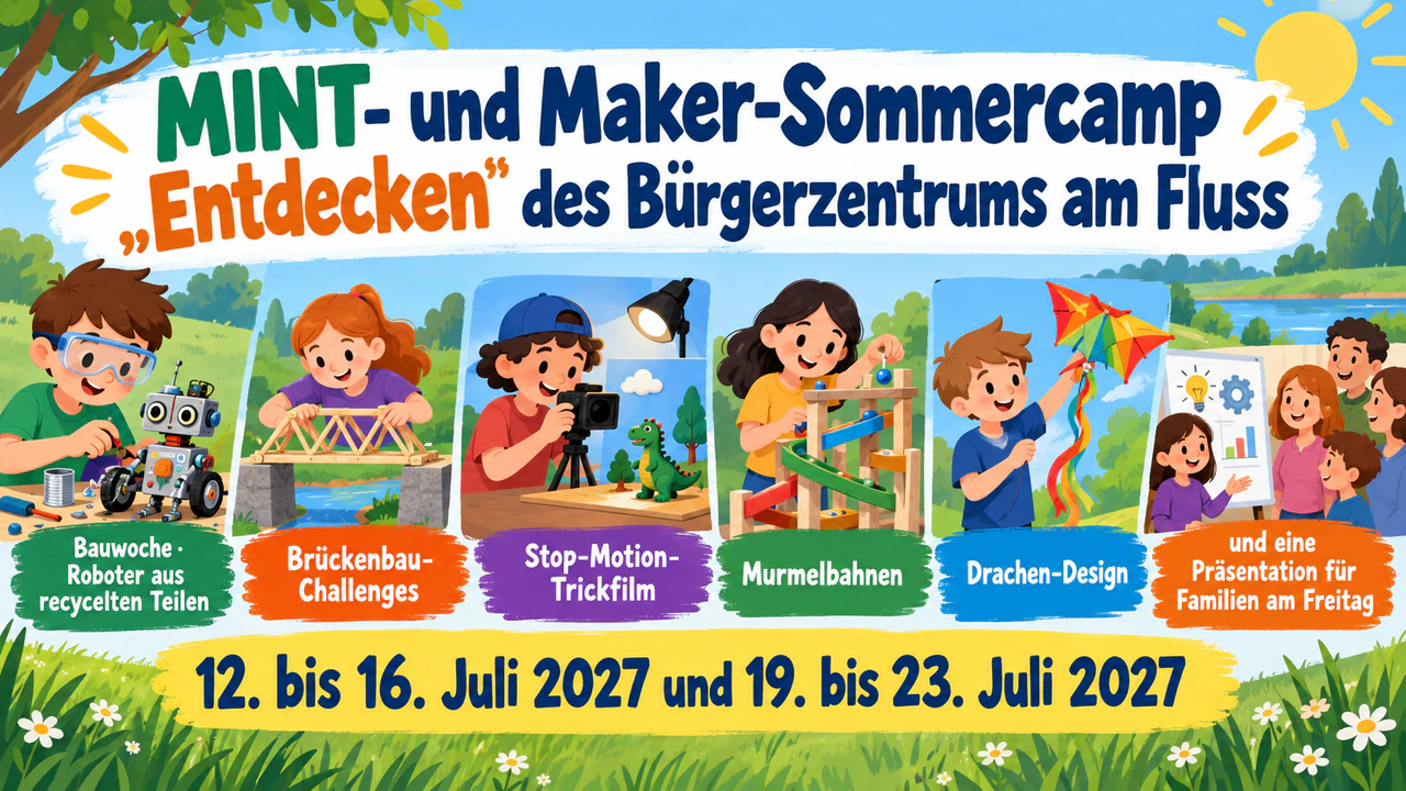 Sommercamp-Plakat, das man quer durch den Raum lesen kann: Langer Campname, sechs Aktivitäten und zwei Durchgänge