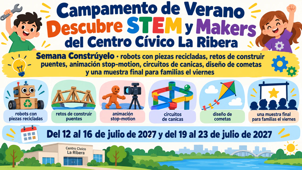 Cartel de campamento de verano que se lee desde el otro lado de la sala: Nombre de campamento largo, seis actividades y dos turnos