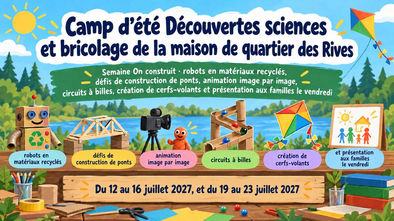 Affiche de camp d’été lisible depuis l’autre bout de la salle : Nom de camp long, six activités et deux sessions
