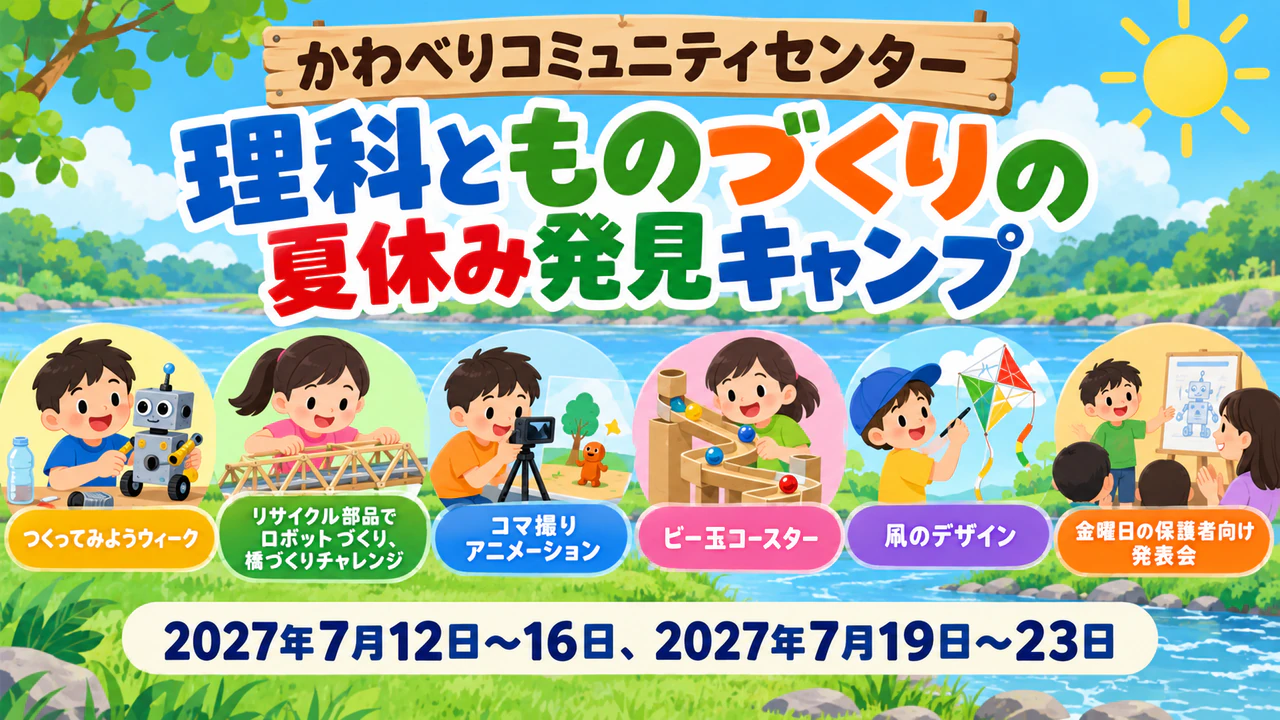 遠くからでも読めるサマーキャンプのポスター：長いキャンプ名、6つのアクティビティ、2つの開催期間