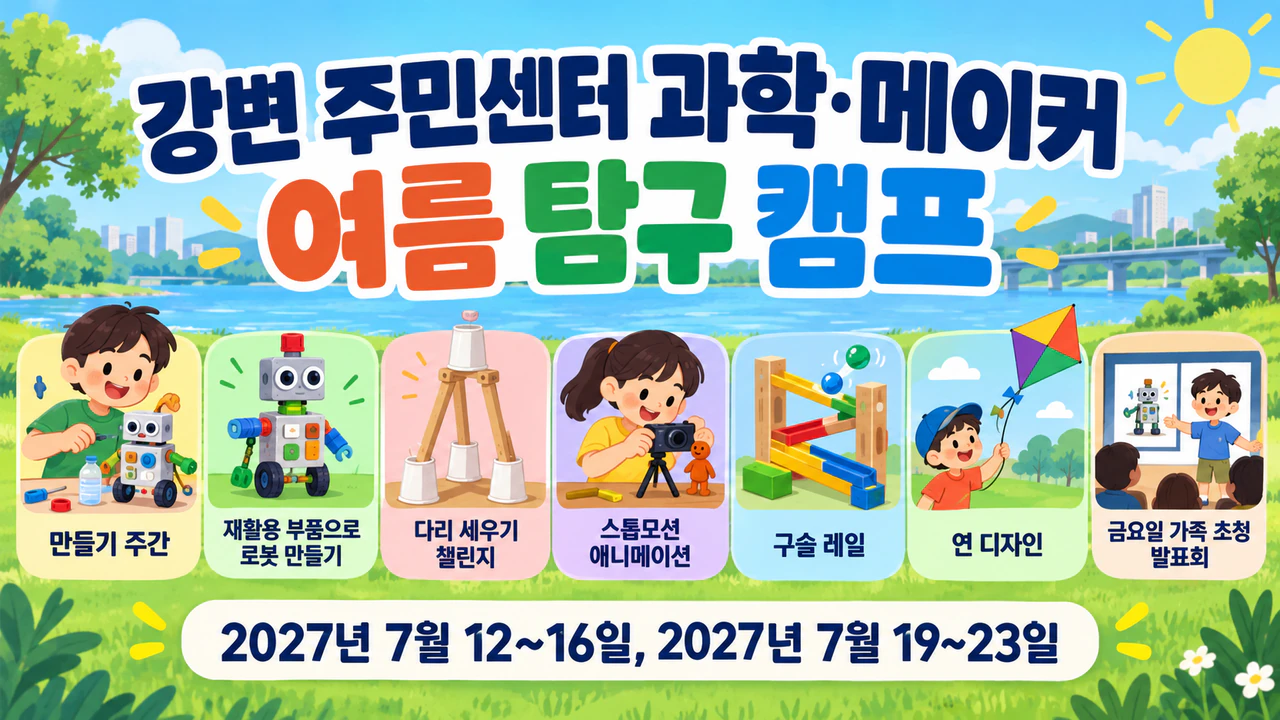 멀리서도 읽히는 여름 캠프 포스터: 긴 캠프 이름, 활동 여섯 가지, 두 차수