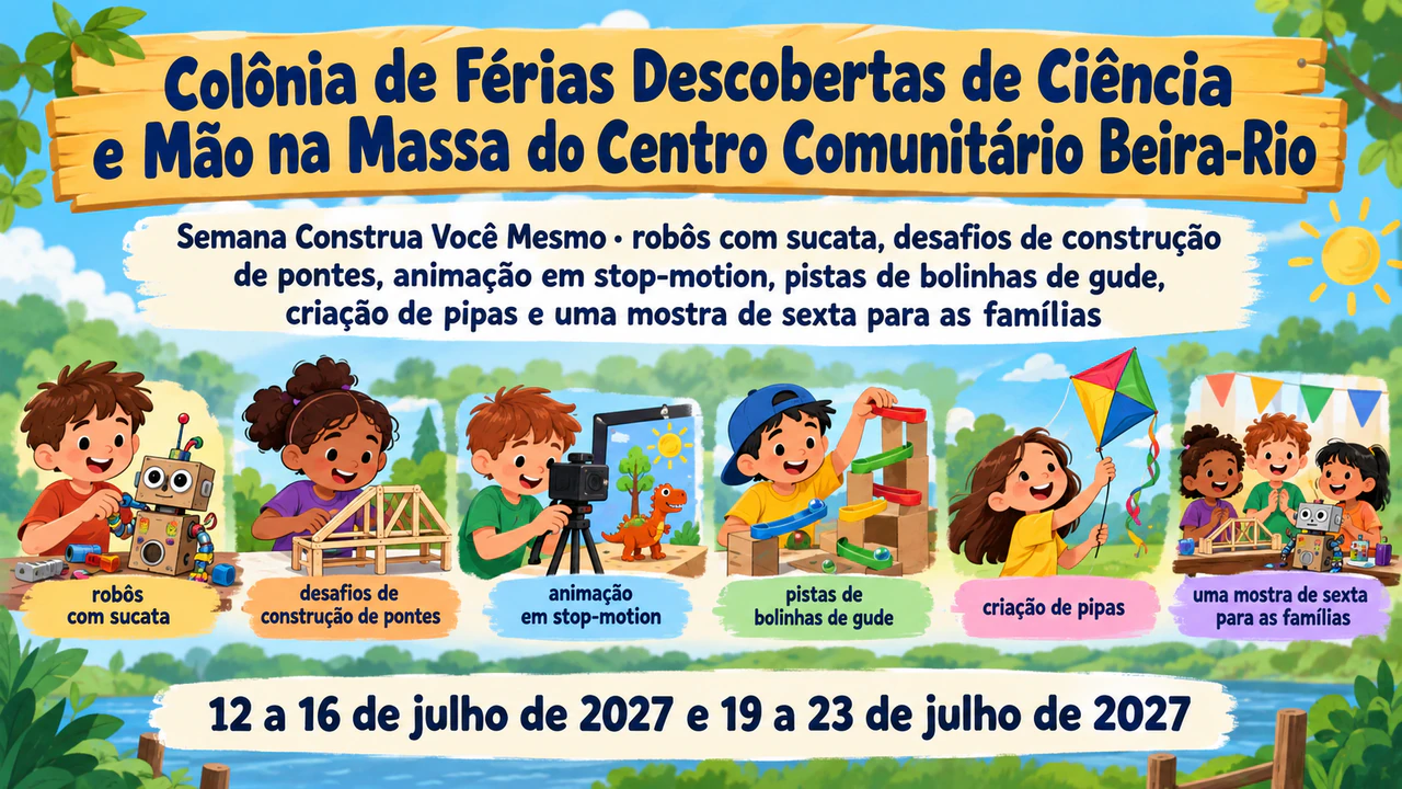 Pôster de colônia de férias que se lê do outro lado da sala: Nome longo, seis atividades e duas turmas