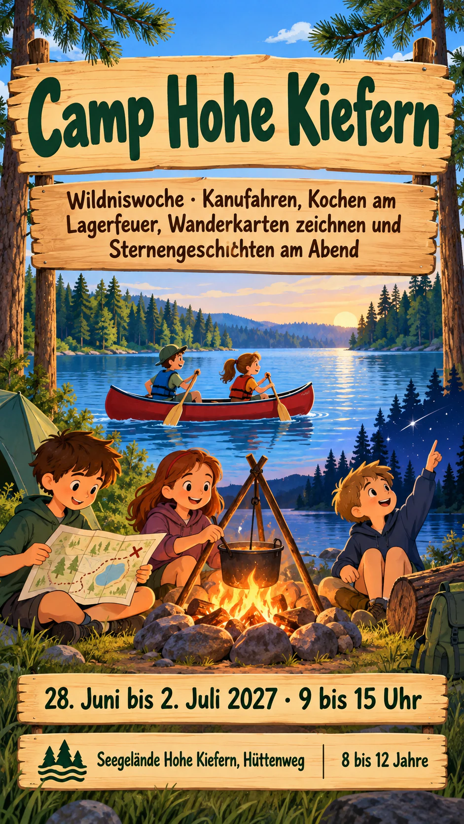 Beispiel: Sommercamp-Plakat, das man quer durch den Raum lesen kann