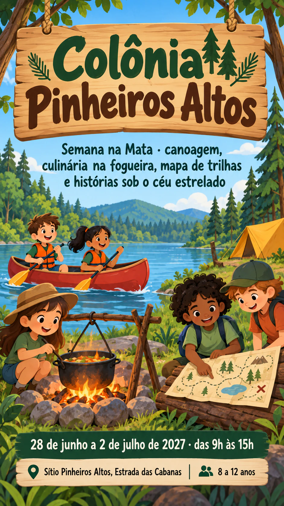 Exemplo de Pôster de colônia de férias que se lê do outro lado da sala