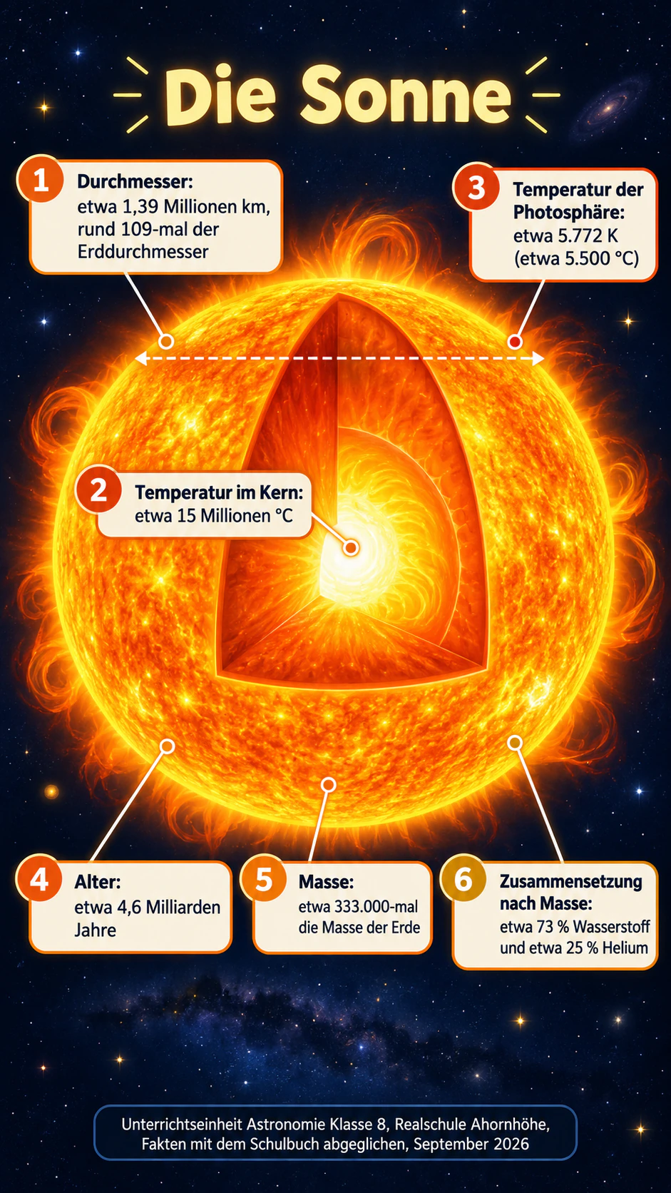 Infografik mit Fakten über die Sonne für den Unterricht: Sechs dichte Fakten mit Kelvin und Celsius, großen Zahlen und ohne Titel