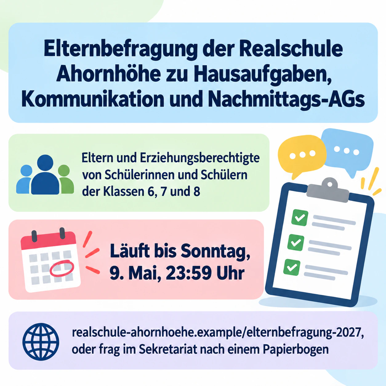 Plakat zur Teilnahme an einer Umfrage mit klarer Frist: Langer Name einer Schulumfrage, lange Webadresse und keine Zeile zum Zweck