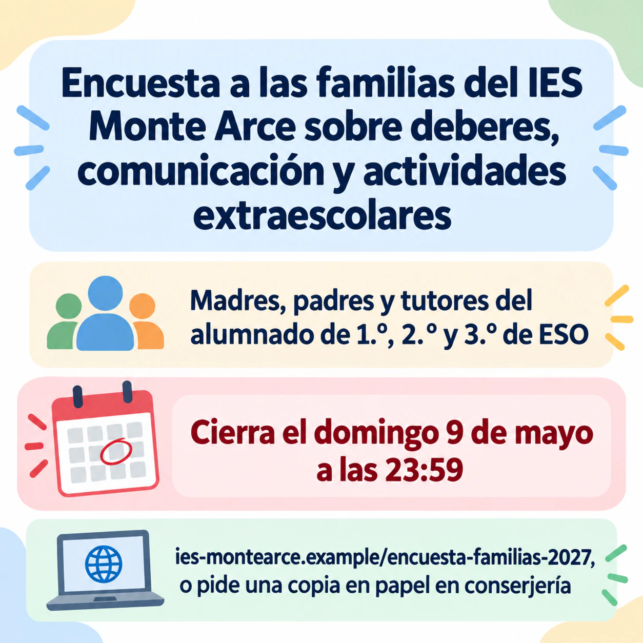 Cartel de invitación a una encuesta con fecha límite clara: Nombre de encuesta escolar largo, dirección web larga y sin línea de propósito