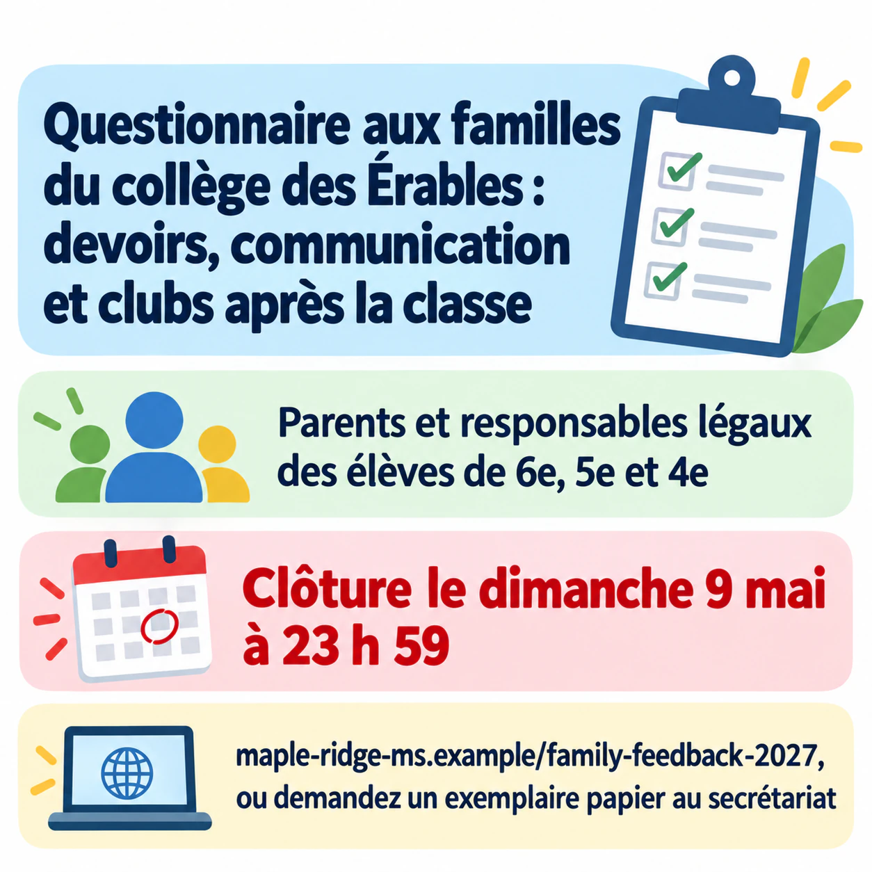 Affiche d’invitation à un questionnaire avec une date limite claire : Long nom d’enquête scolaire, longue adresse web et pas de ligne d’objectif