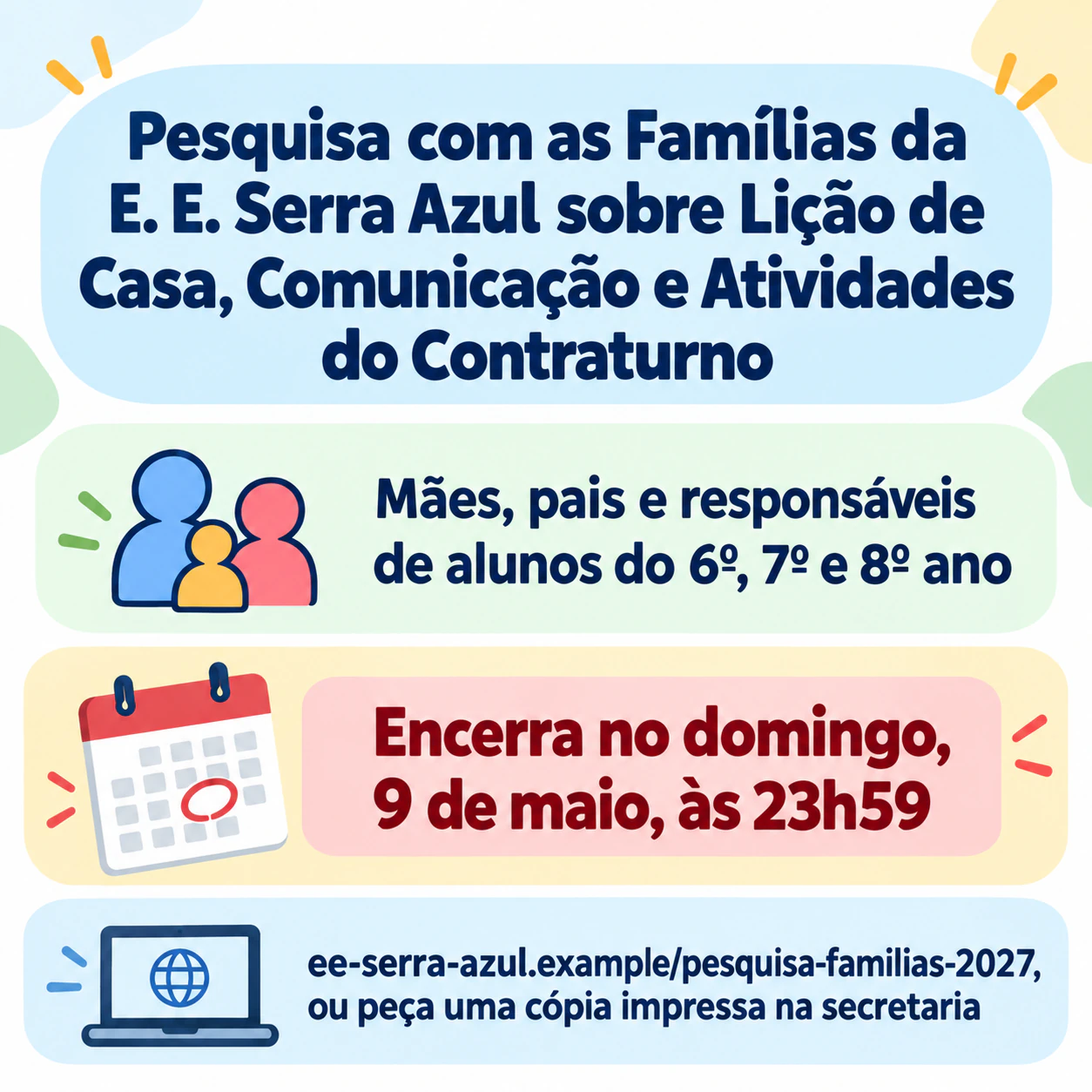 Pôster de convite para pesquisa com prazo bem claro: Nome longo de pesquisa escolar, endereço de site longo e sem linha de motivo
