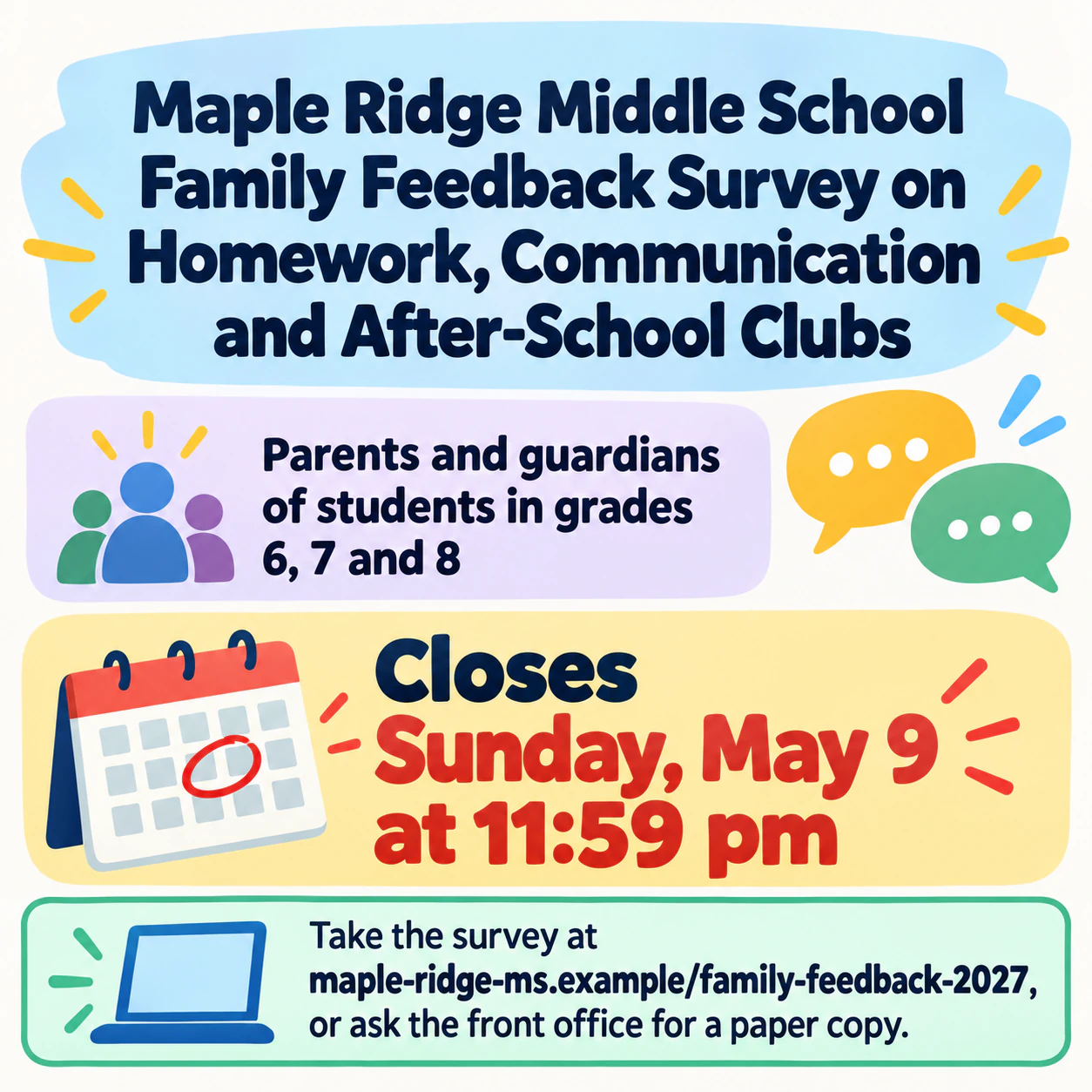 Survey invitation poster with a clear deadline: Long school survey name, long web address and no purpose line