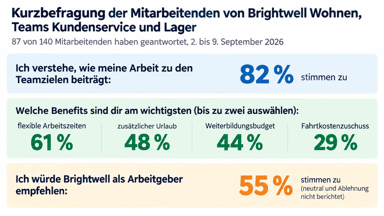 Infografik mit einer Zusammenfassung der Umfrageergebnisse: Kurzbefragung der Belegschaft mit Mehrfachauswahl und nicht berichtetem Rest
