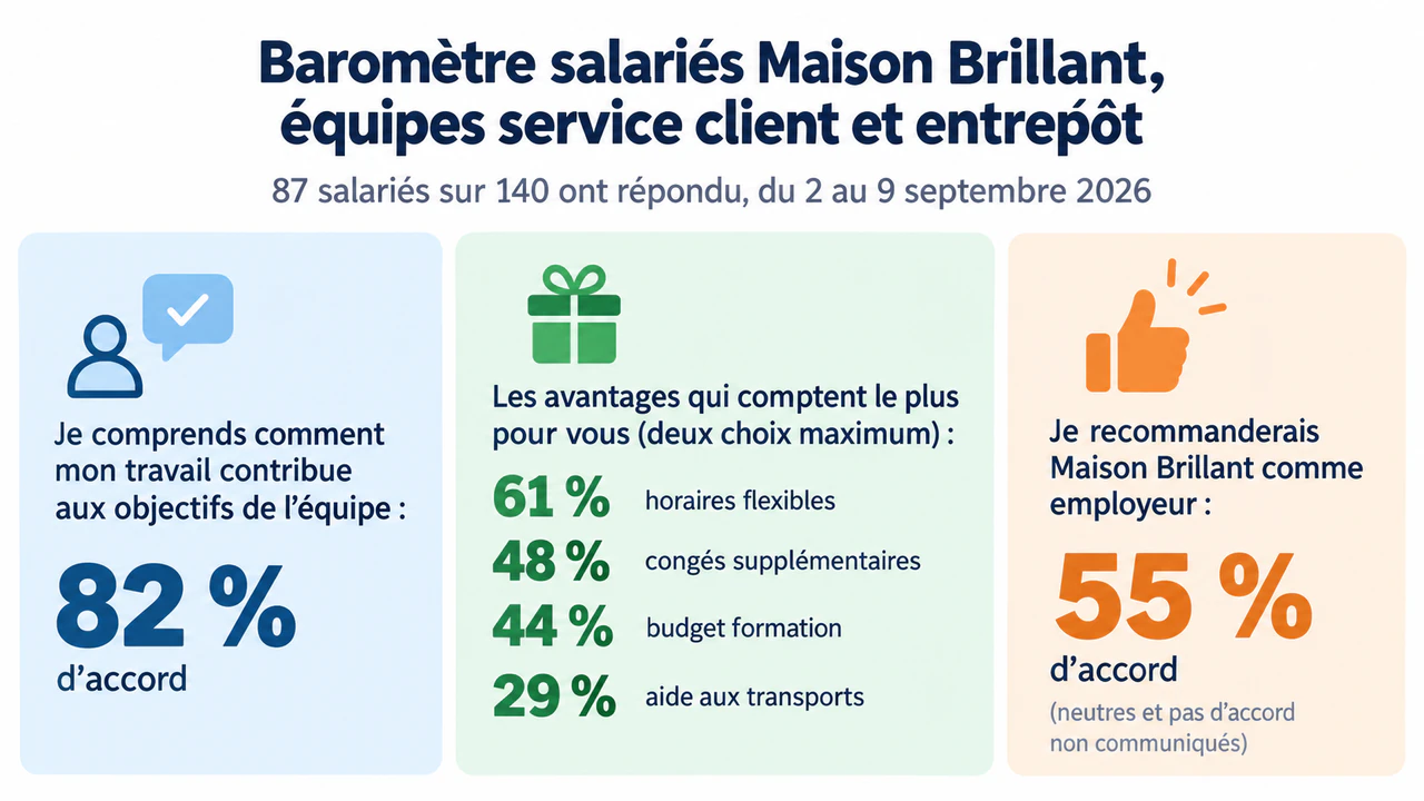 Infographie de synthèse des résultats d’enquête : Baromètre salariés avec une question à choix multiples et un reste non communiqué