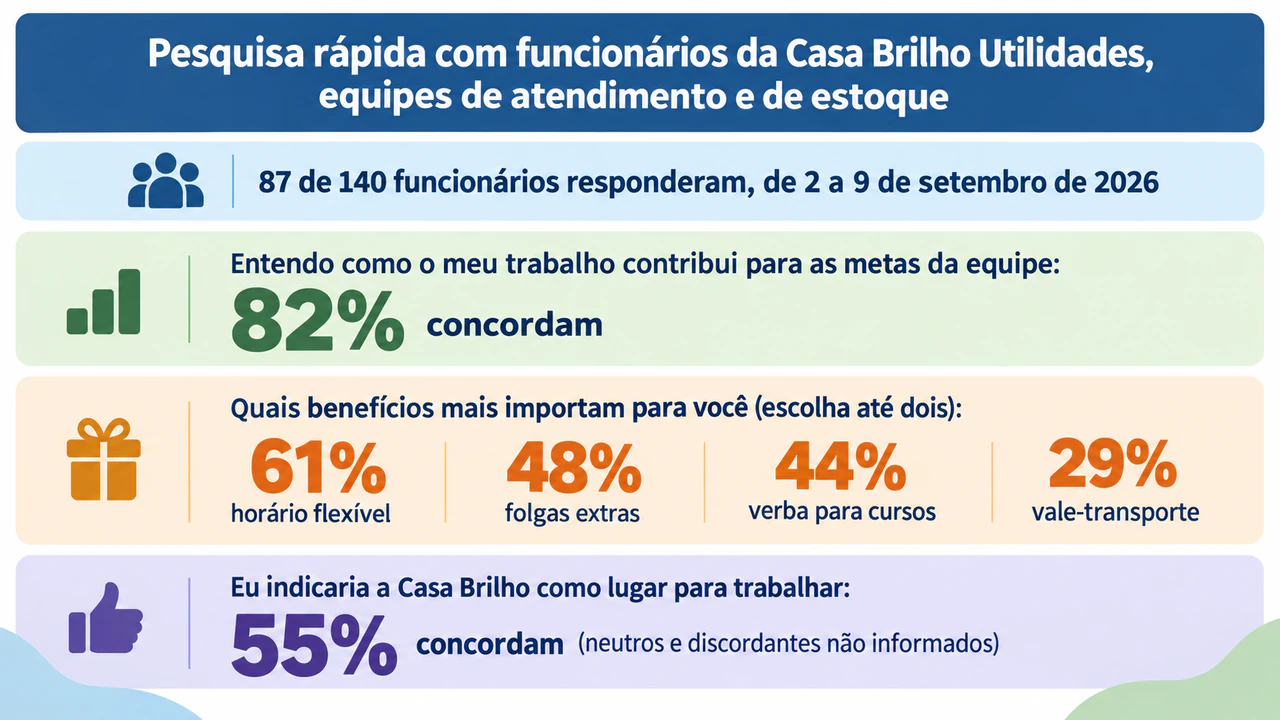 Infográfico de resumo dos resultados de uma pesquisa: Pesquisa rápida com funcionários, com pergunta de múltipla escolha e restante não informado
