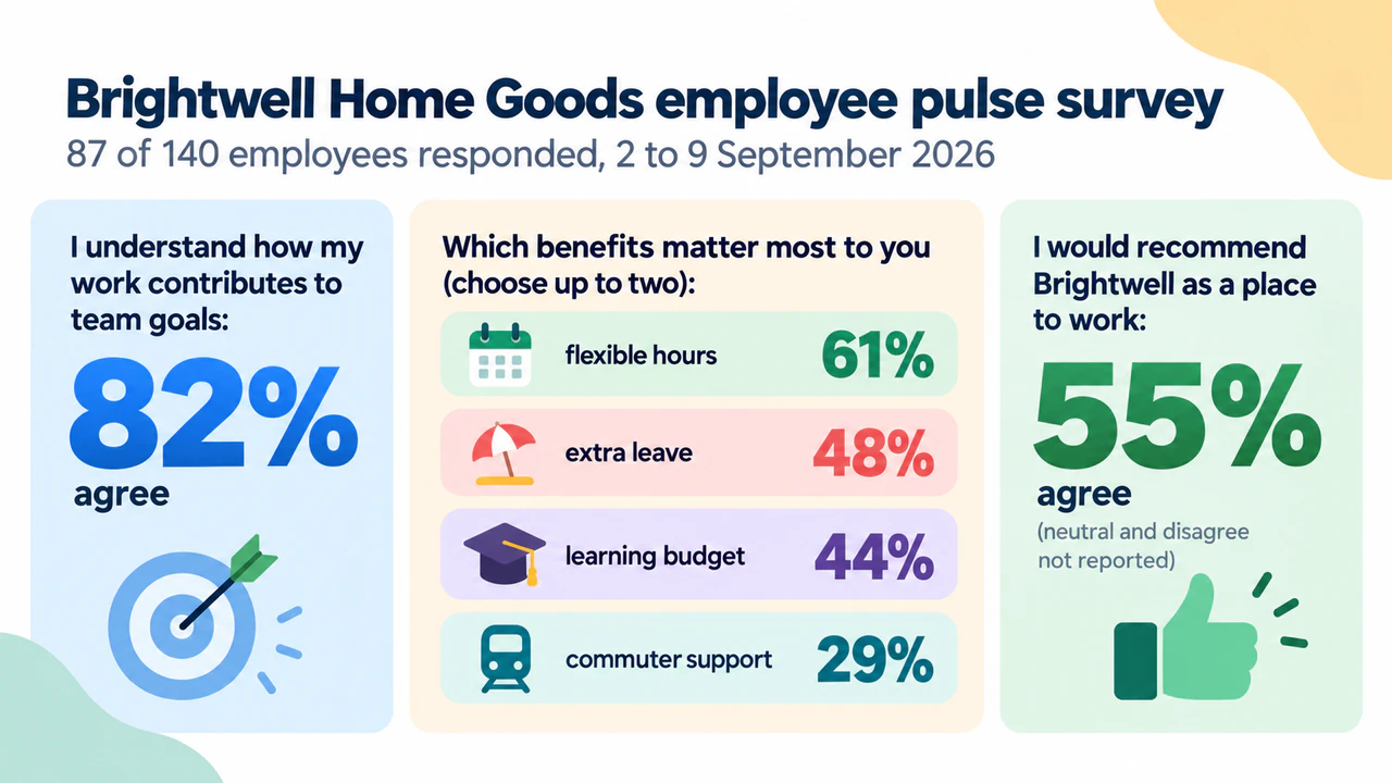 Survey results summary infographic: Staff pulse survey with a multi-select question and an unreported remainder