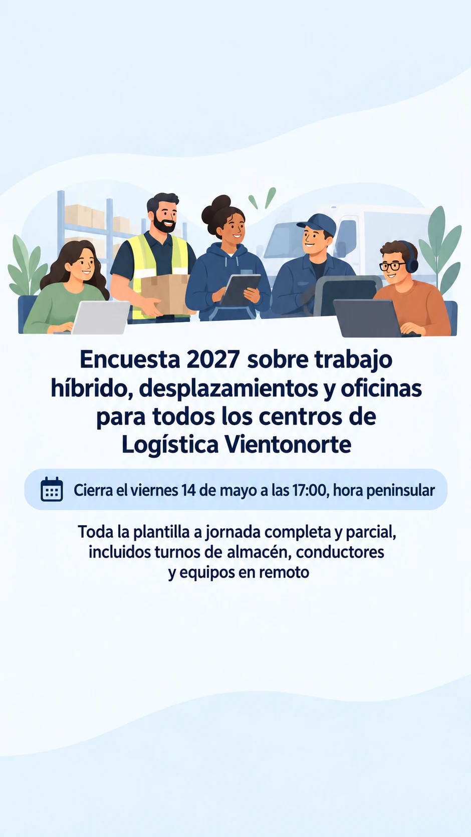 Banner de encuesta con el tema y la fecha límite en primer plano: Encuesta laboral larga con fecha límite con zona horaria, sin enlace ni duración, como historia