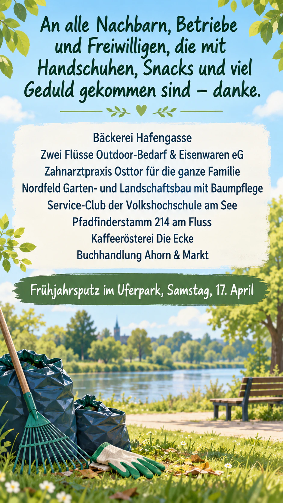 Danke-Flyer nach einem Event, für Helfer, Spender oder Sponsoren: Dank nach dem Parkputz an acht Sponsoren aus dem Ort, ohne Ergebnis und Gruß