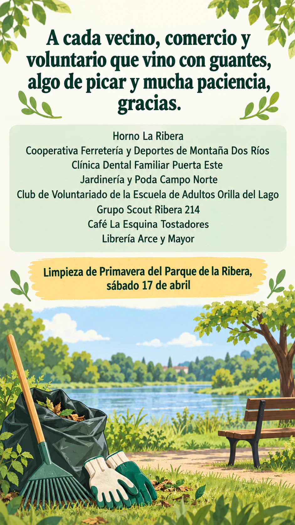Folleto de agradecimiento tras un evento, para voluntarios, donantes o patrocinadores: Agradecimiento por la limpieza de un parque con ocho patrocinadores del barrio, sin resultado ni firma