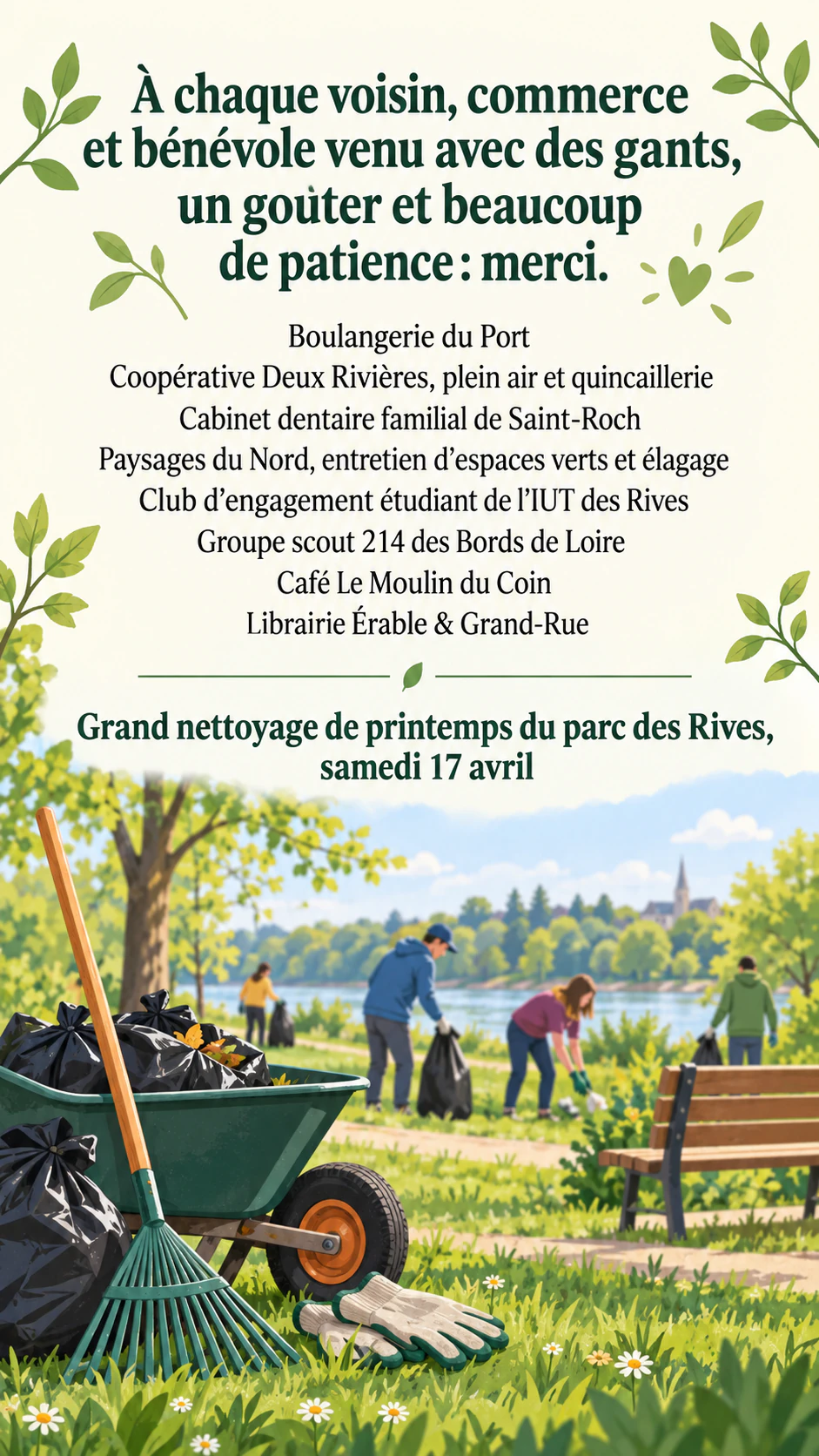 Flyer de remerciement après un événement, pour bénévoles, donateurs ou sponsors : Remerciements après un nettoyage de parc avec huit sponsors locaux, sans résultat ni signature