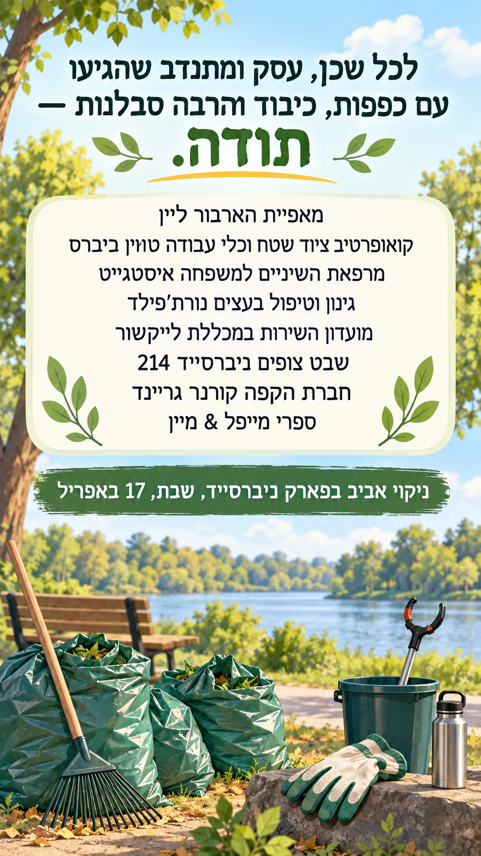 פלייר תודה למתנדבים, לתורמים ולנותני חסות: ניקוי פארק עם שמונה נותני חסות, ללא תוצאה או חתימה