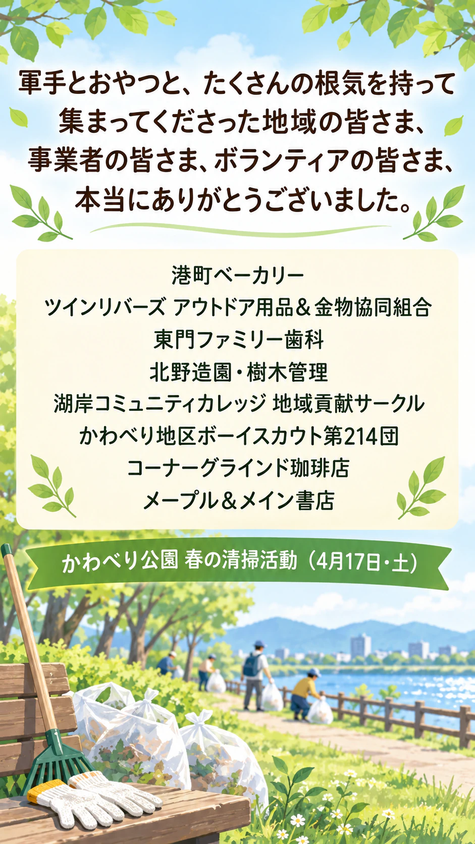 ボランティア・寄付者・協賛者に向けたイベント後のお礼のチラシ：地元の協賛8社・団体の名前を挙げた公園清掃のお礼、成果と差出人なし