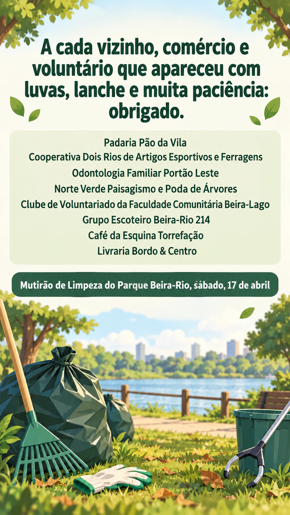 Flyer de agradecimento depois de um evento, para voluntários, doadores ou patrocinadores: Agradecimento de mutirão no parque com oito patrocinadores do bairro, sem resultado nem assinatura