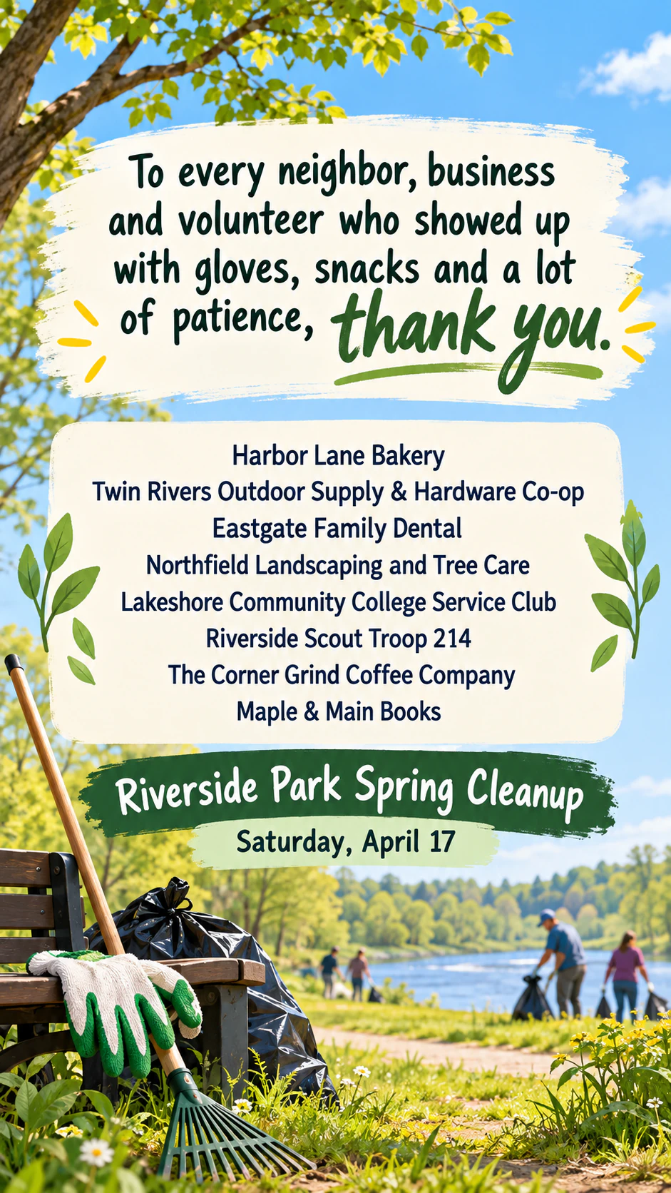 Thank-you flyer after an event, for volunteers, donors or sponsors: Park cleanup thanks naming eight local sponsors, with no result or sign-off