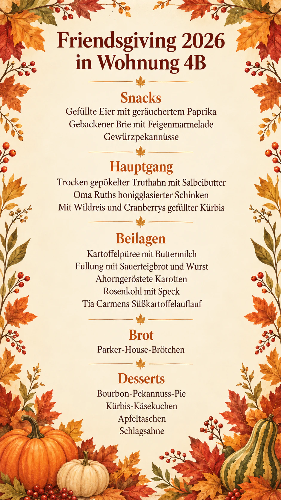 Menükarte fürs Thanksgiving-Dinner: Sechzehn Gerichte mit langen Familiennamen, ohne Datum, Ernährungshinweis und Look