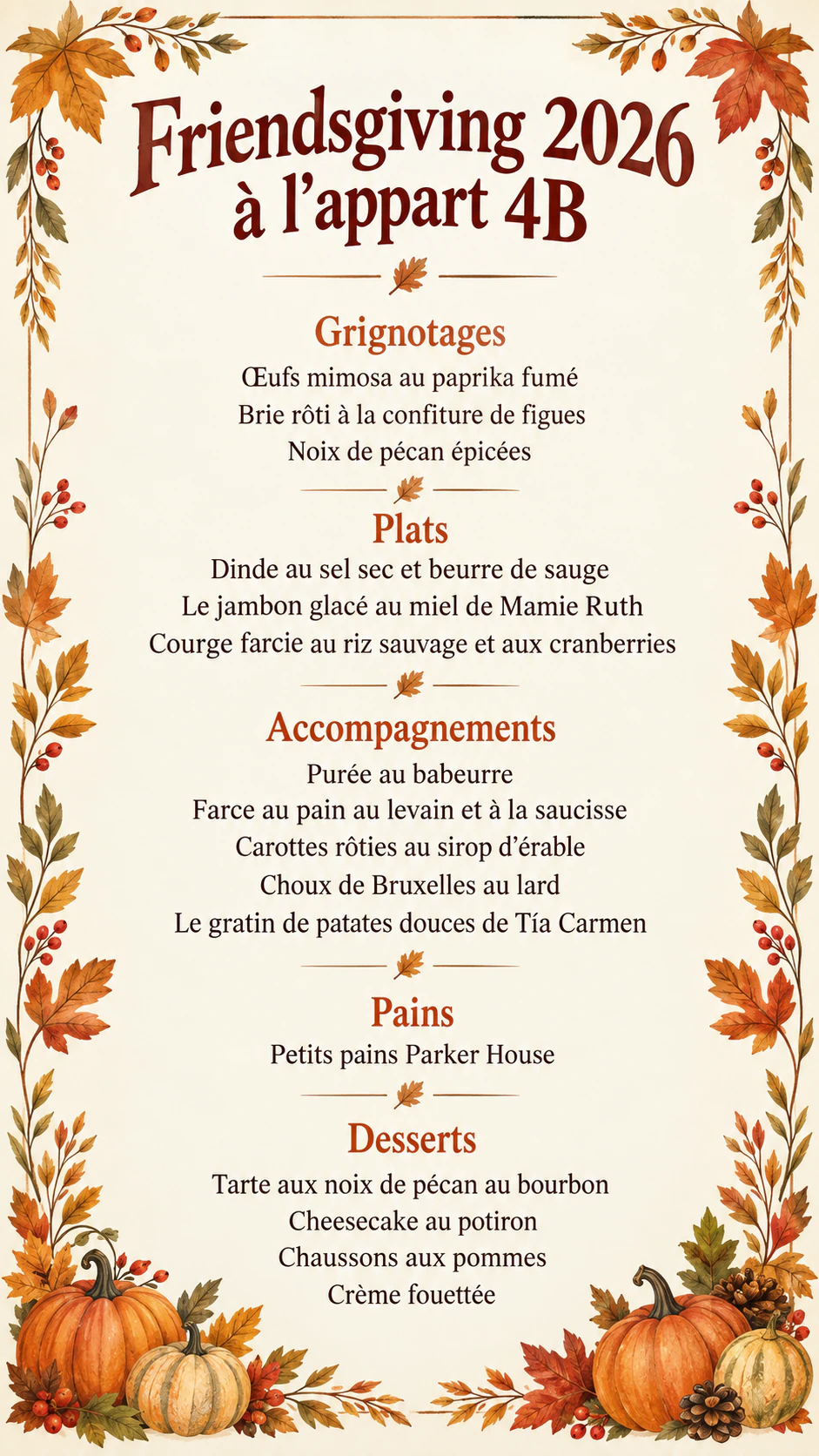 Menu du dîner de Thanksgiving : Seize plats avec de longs noms de famille, sans date, repère alimentaire ni style