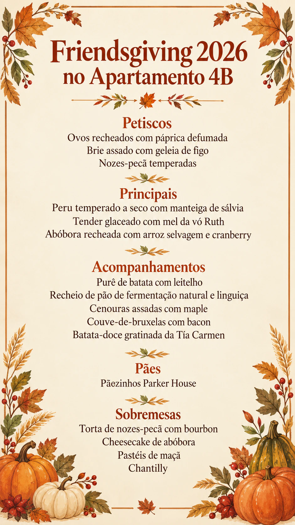 Cardápio do jantar de Ação de Graças: Dezesseis pratos com nomes de família longos, sem data, marcações nem tema