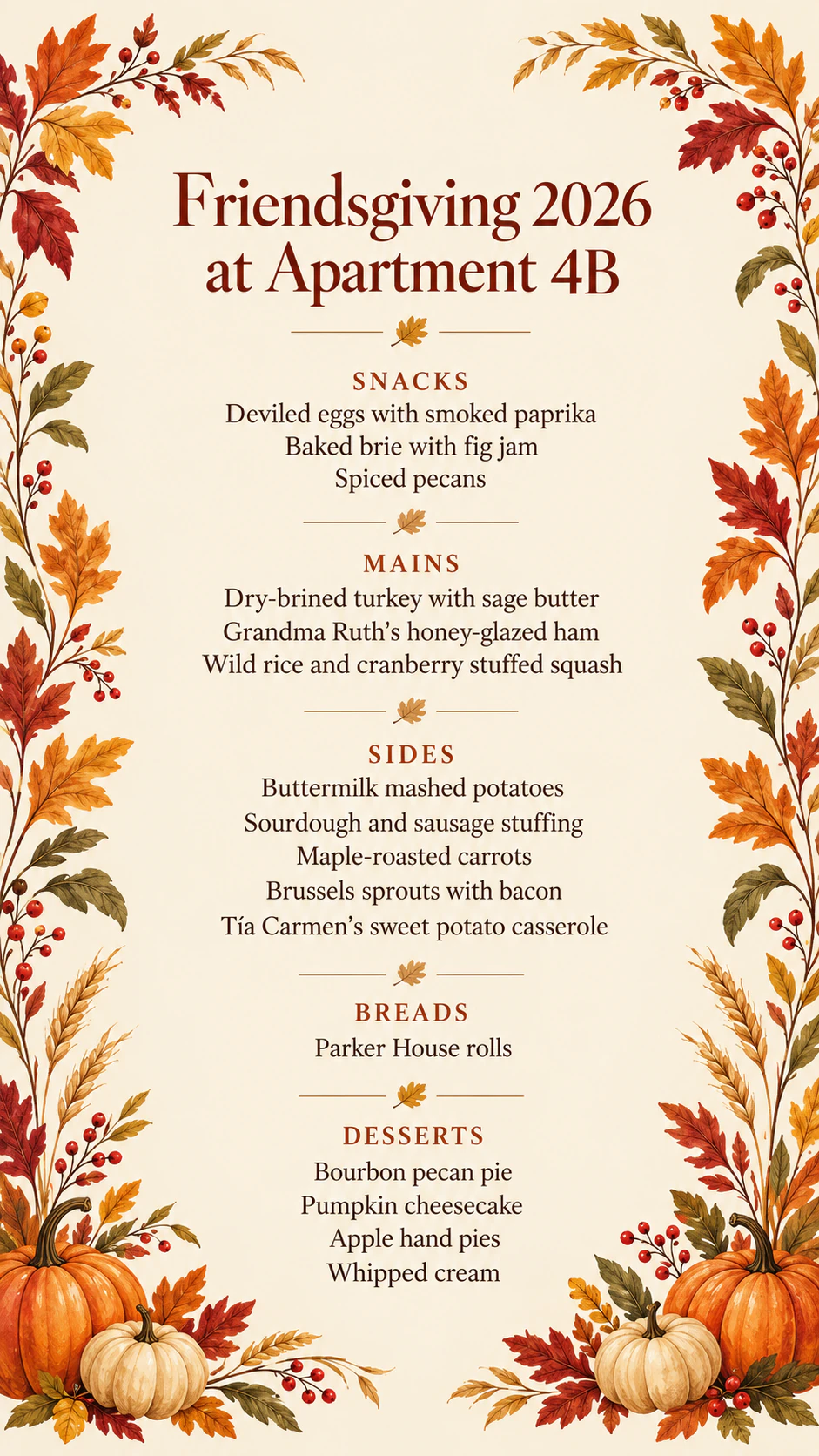 Thanksgiving dinner menu: Sixteen dishes with long family names, no date, dietary note or theme