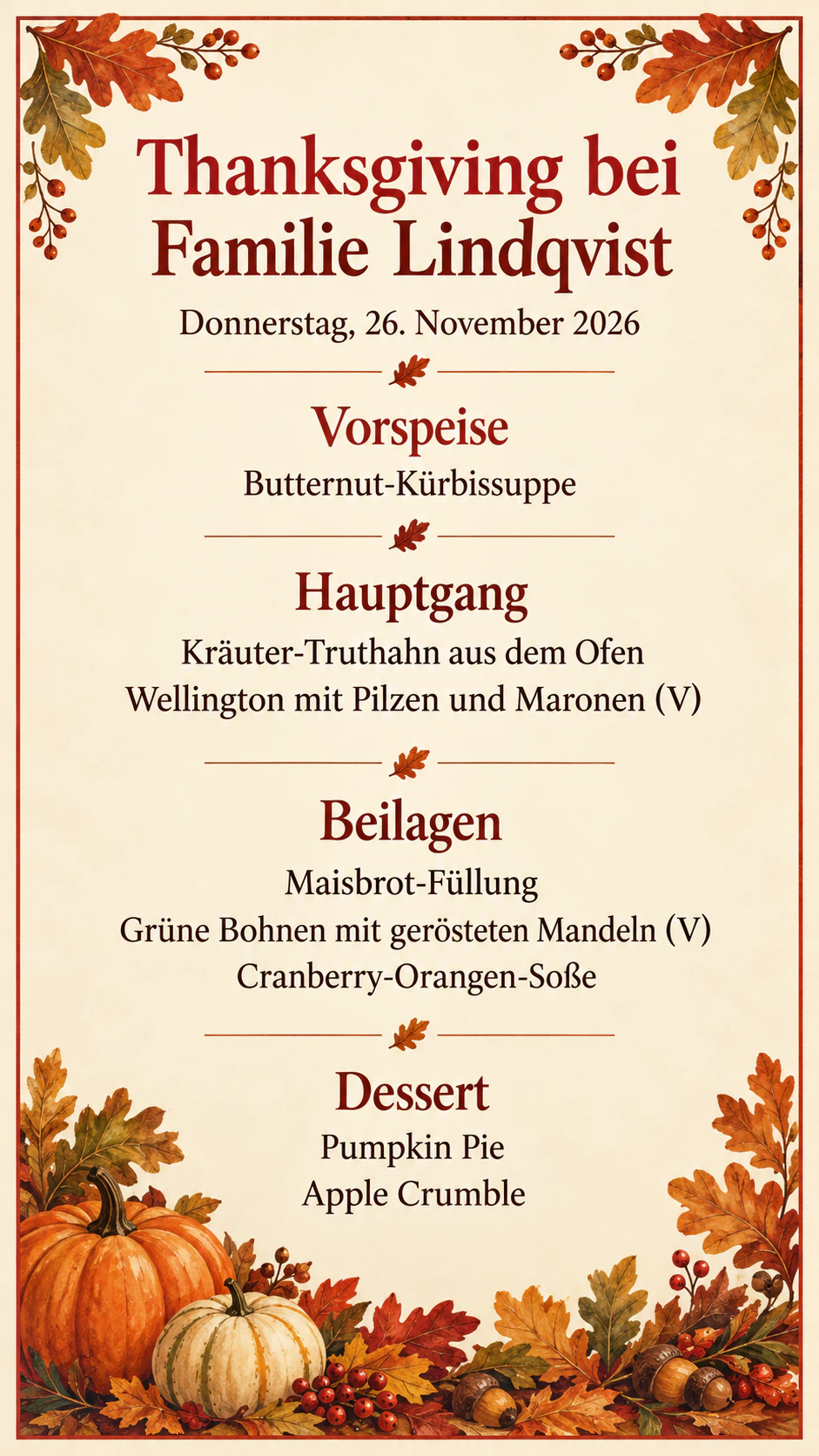 Beispiel: Menükarte fürs Thanksgiving-Dinner