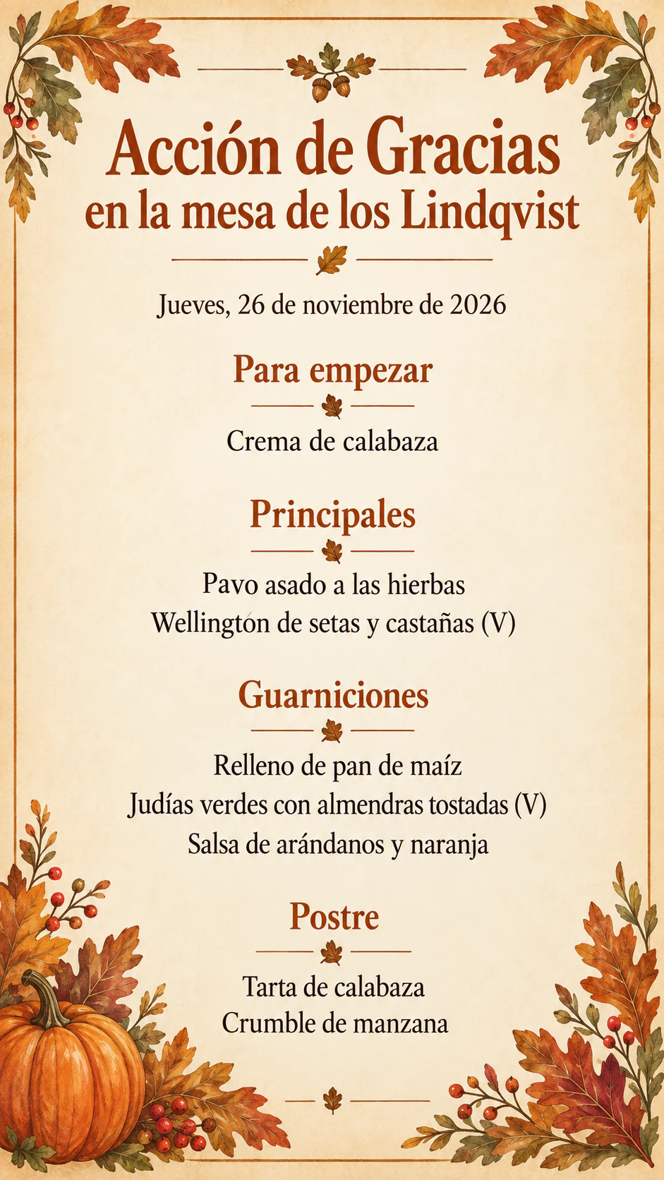 Ejemplo de Menú para la cena de Acción de Gracias
