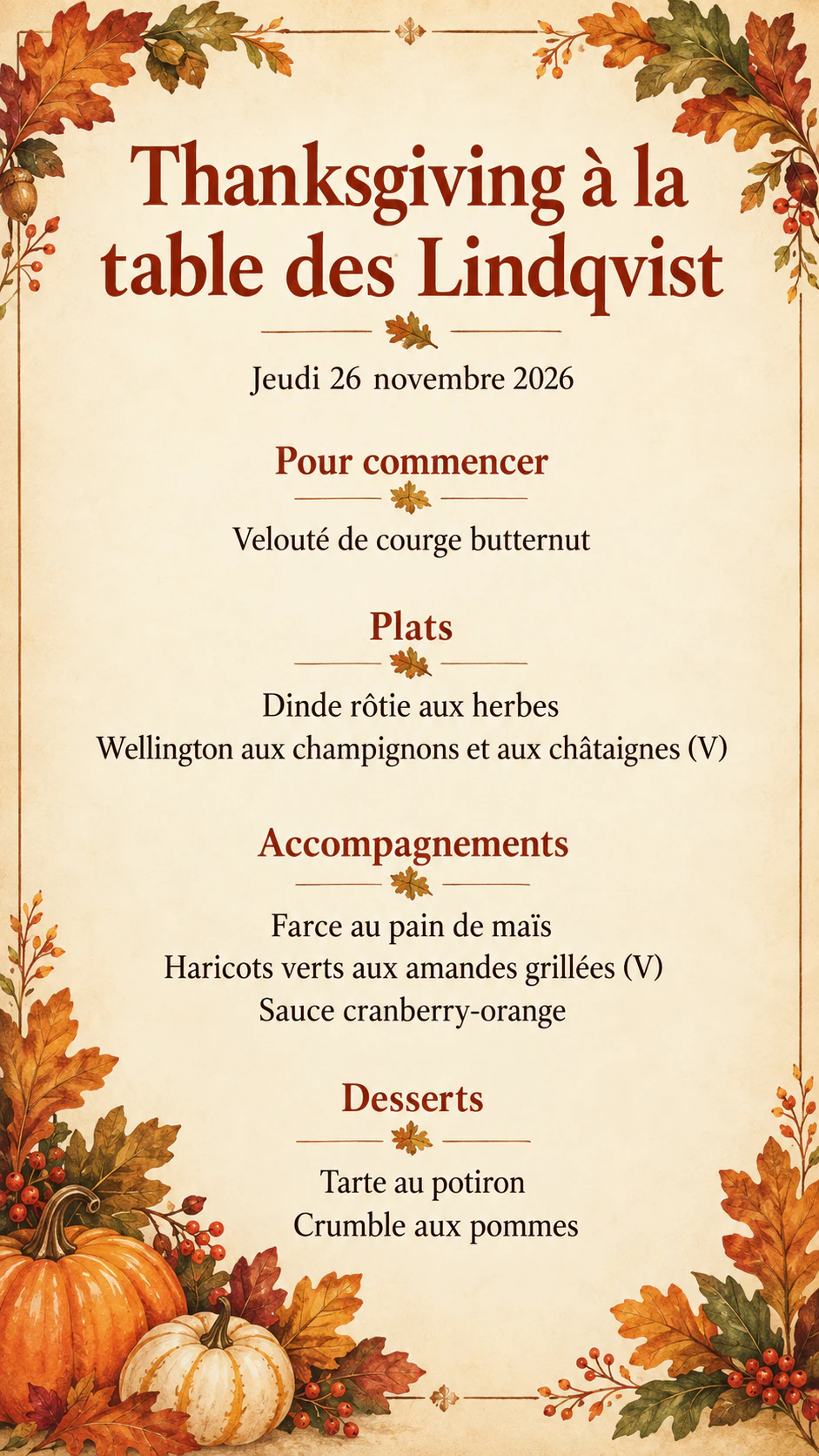 Exemple : Menu du dîner de Thanksgiving
