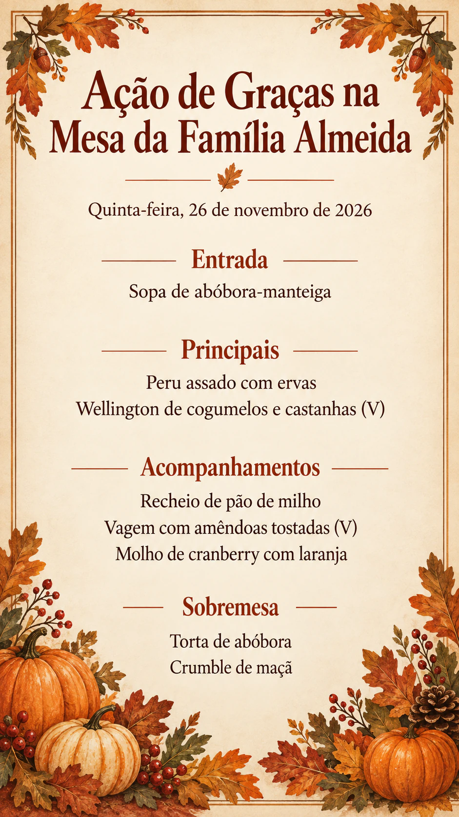Exemplo de Cardápio do jantar de Ação de Graças