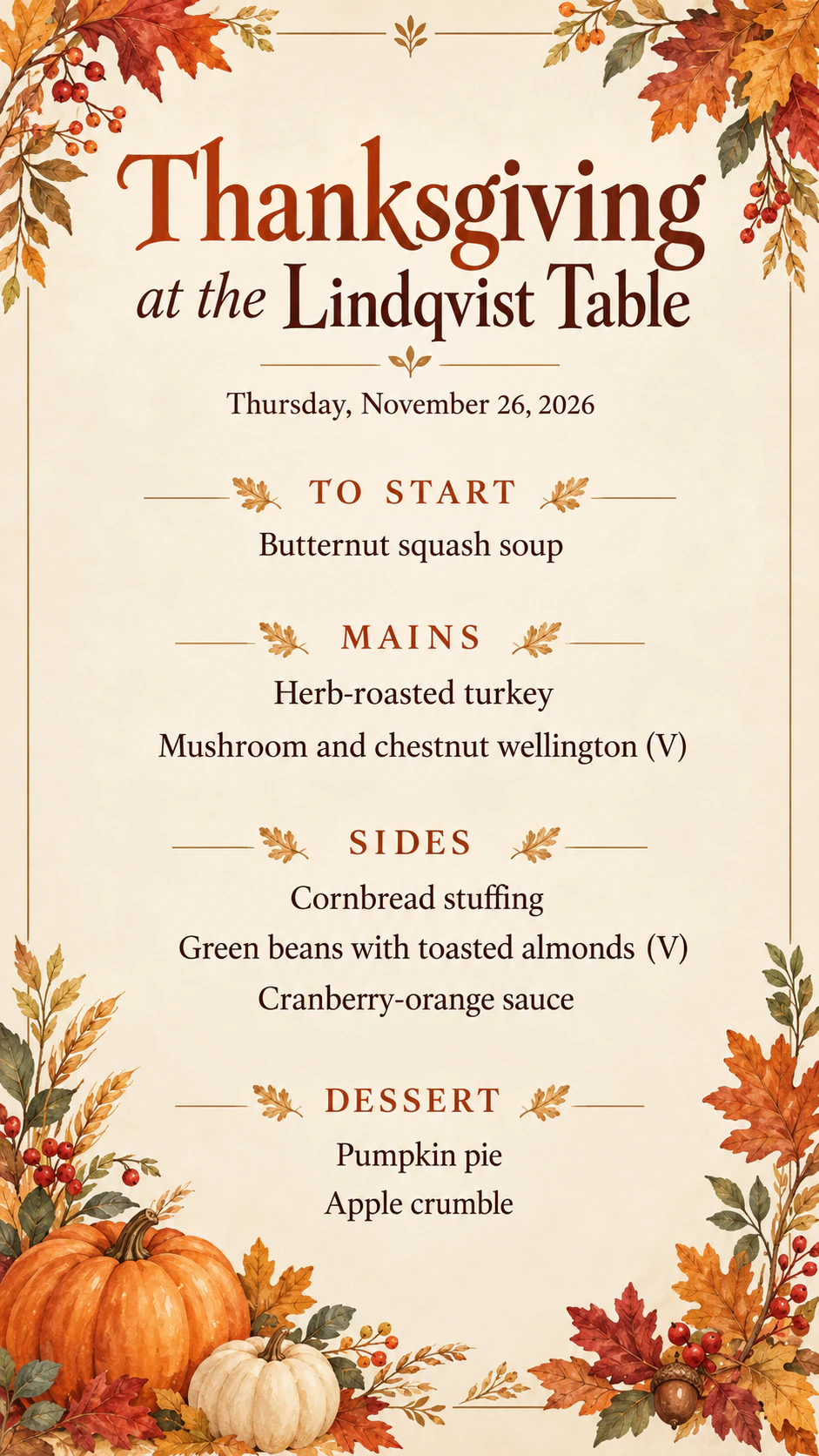 Thanksgiving dinner menu example