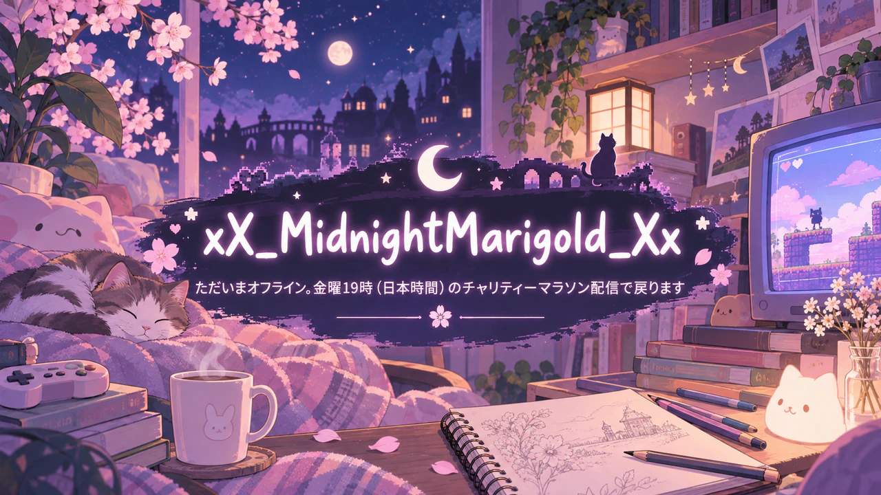 Twitchのチャンネルバナー・オフライン画面：アンダースコア入りのハンドルネーム、長いオフライン時のメッセージ、パステルピンク