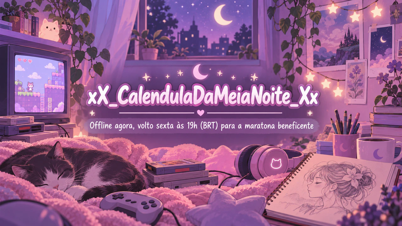 Banner de canal da Twitch ou tela offline: Nome com underlines, mensagem de offline longa, rosa pastel