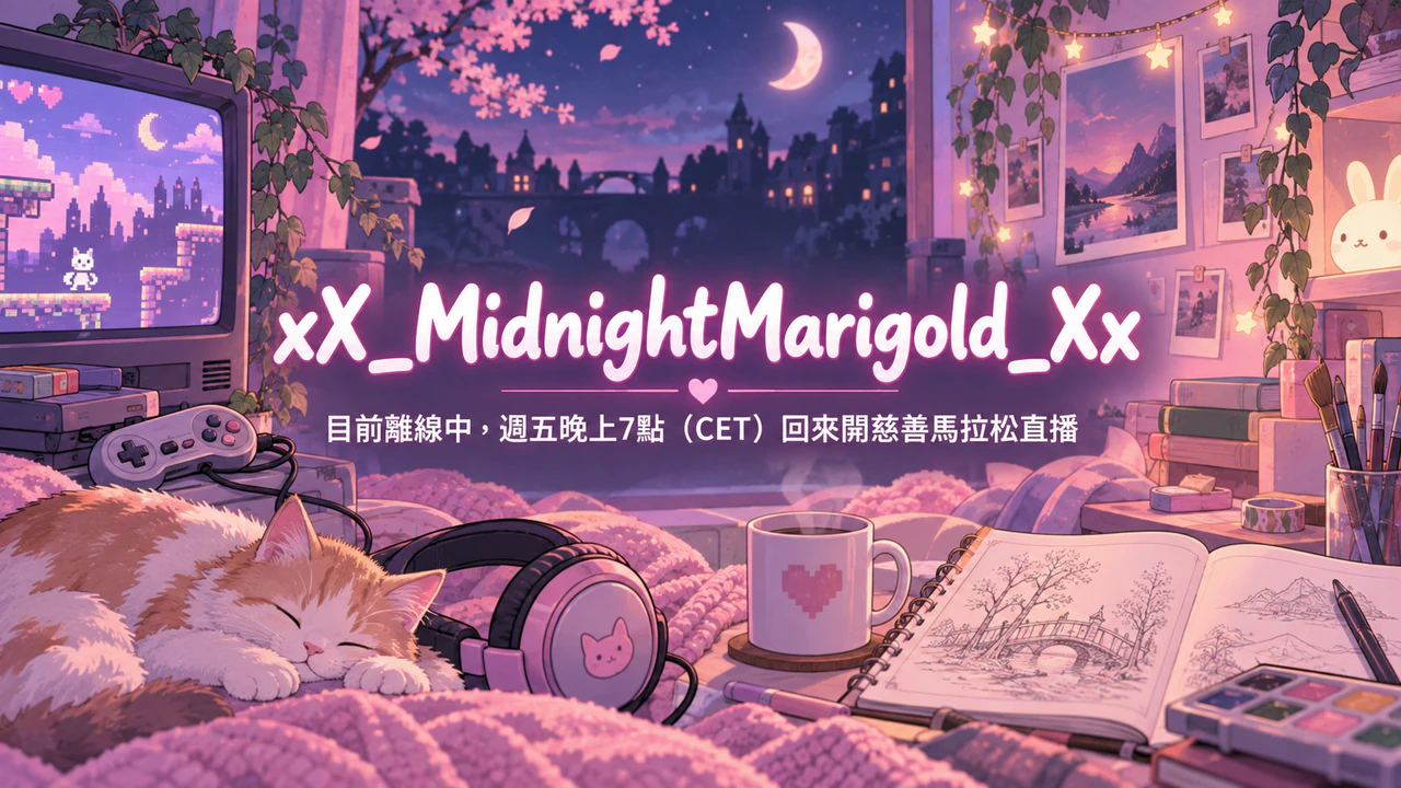 Twitch 頻道橫幅或離線畫面：帳號含底線、離線訊息很長、粉彩粉紅配色