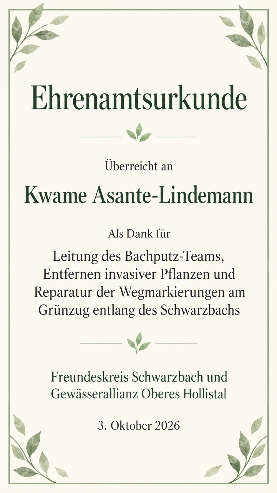 Ehrenamtsurkunde für deine Organisation: Keine Stunden angegeben, lange Projekt- und Organisationsnamen, Hochformat