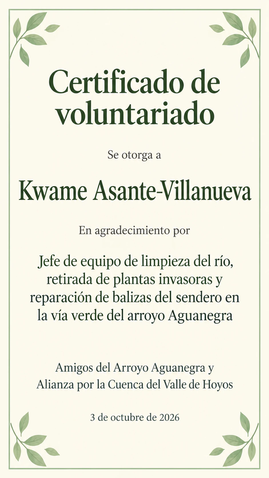 Certificado de voluntariado para tu organización: Sin horas, nombres de programa y organización largos, vertical