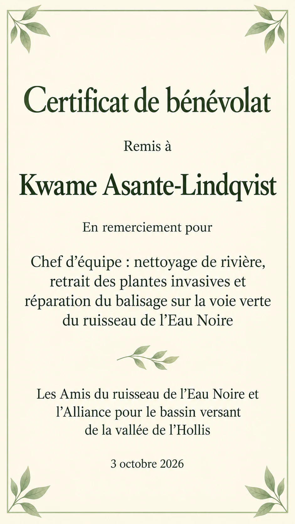 Certificat de bénévolat pour votre association : Sans heures, noms d’action et de structure longs, format portrait