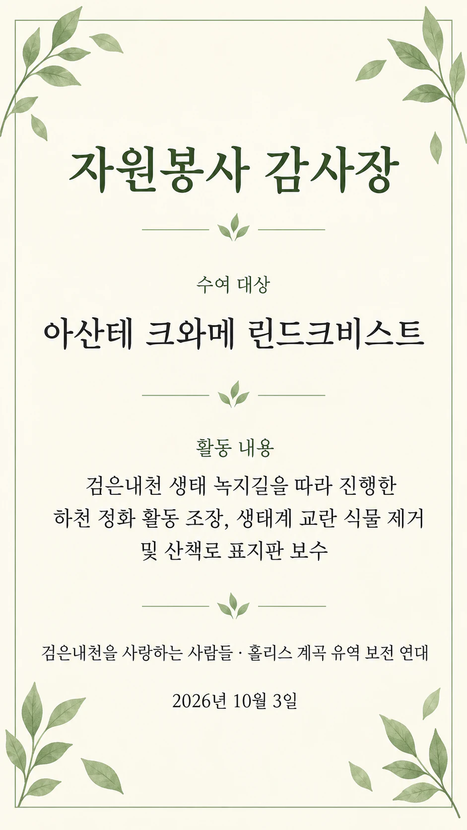우리 단체의 자원봉사 감사장: 봉사 시간 없음, 긴 프로그램명과 단체명, 세로형