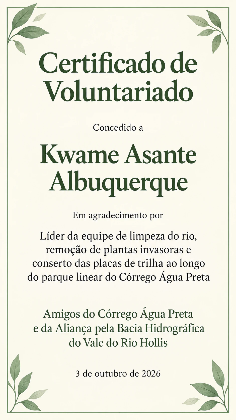 Certificado de voluntário para a sua organização: Sem horas informadas, nomes longos de projeto e de organização, vertical