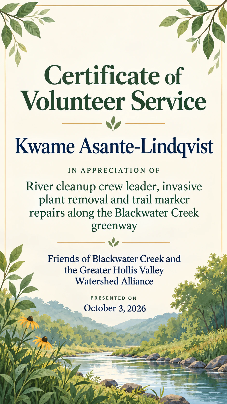 Volunteer certificate for your organization: No hours supplied, long program and organization names, portrait