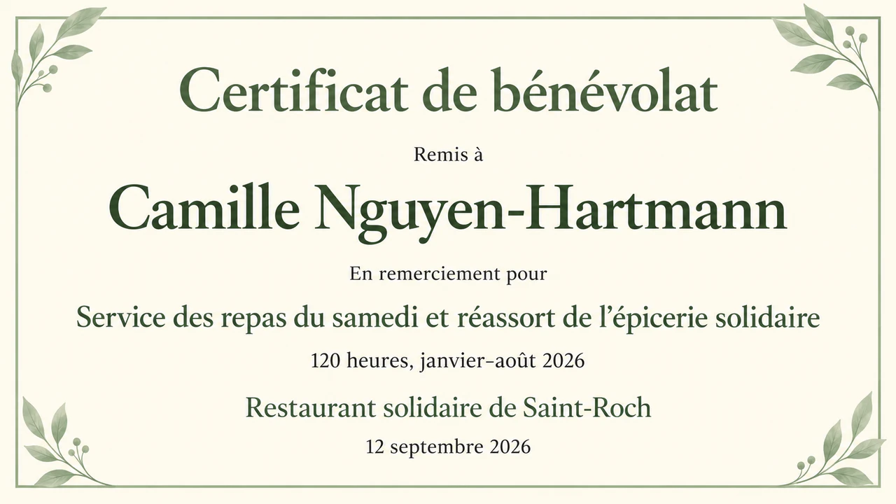 Exemple : Certificat de bénévolat pour votre association