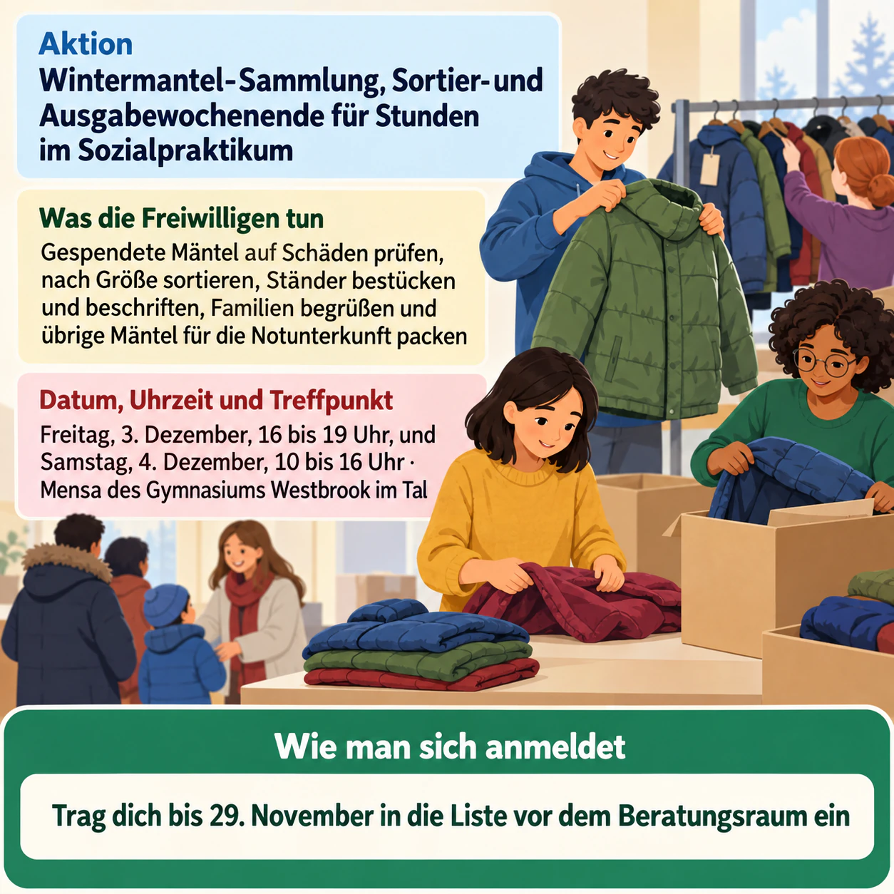 Plakat zur Helfersuche für eine Aktion vor Ort: Zweitägige Wintermantel-Sammlung fürs Sozialpraktikum, ohne Veranstalter
