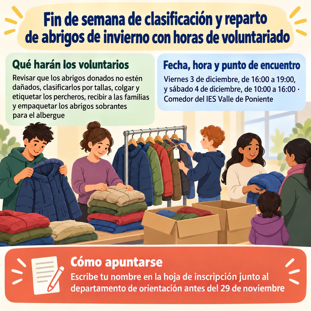 Cartel para captar voluntarios para una actividad del barrio: Recogida de abrigos de dos días con horas de voluntariado, sin organizador