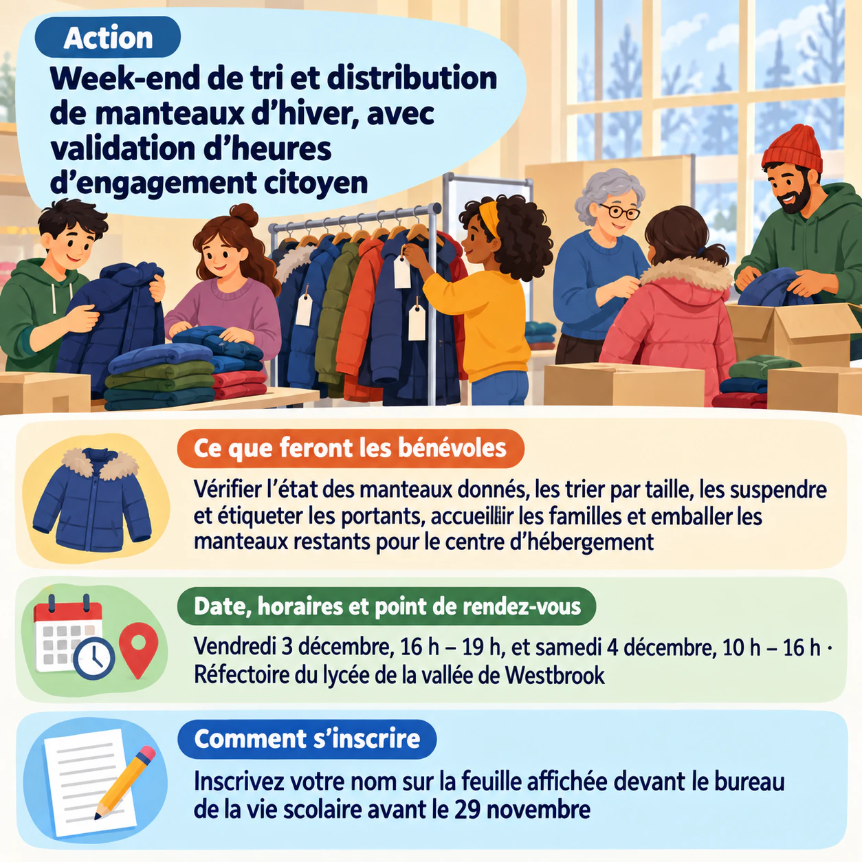Affiche d’appel à bénévoles pour une action locale : Collecte de manteaux sur deux jours pour des heures d’engagement, sans organisateur