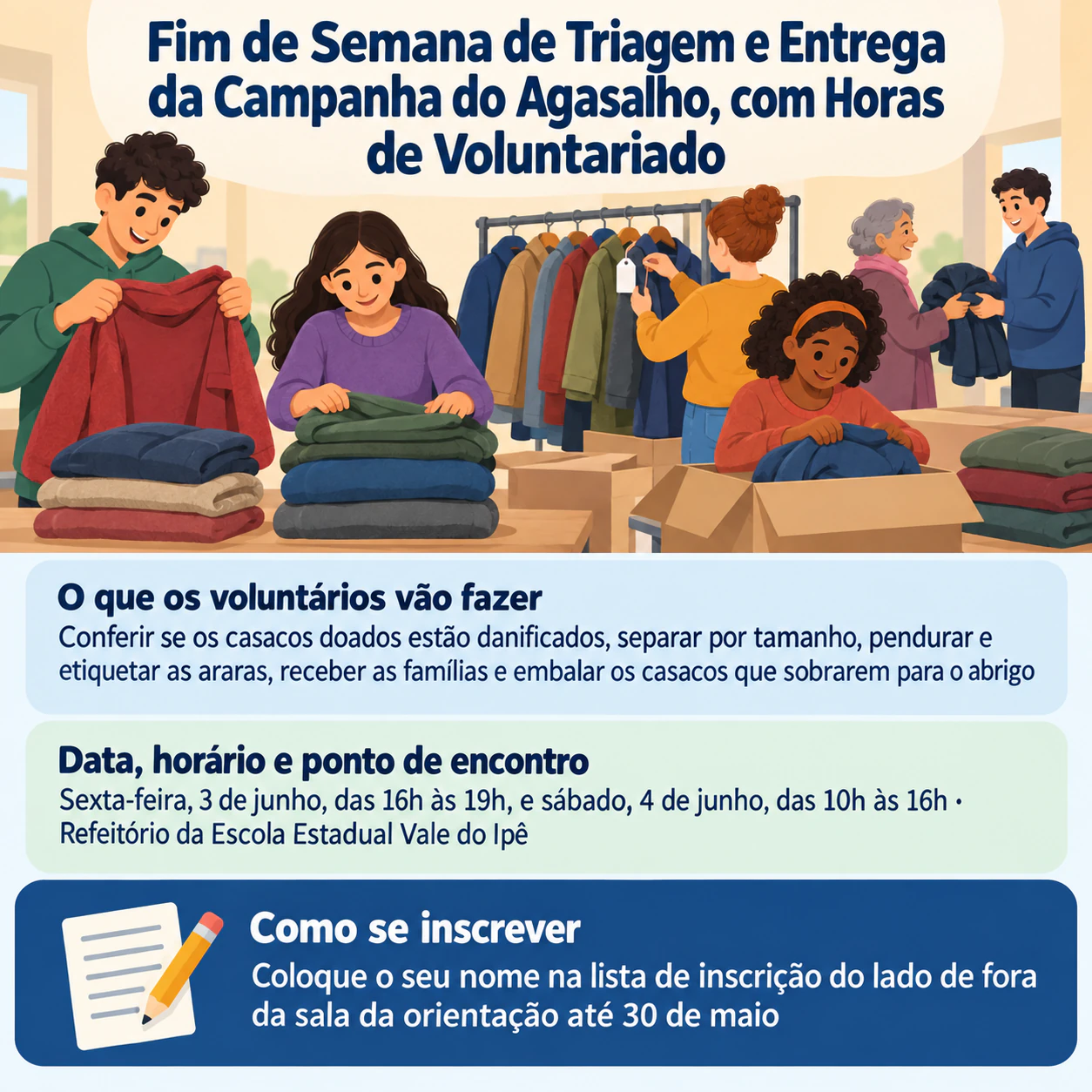 Pôster para recrutar voluntários para uma ação na comunidade: Campanha do agasalho em dois dias, com horas de voluntariado e sem organizador