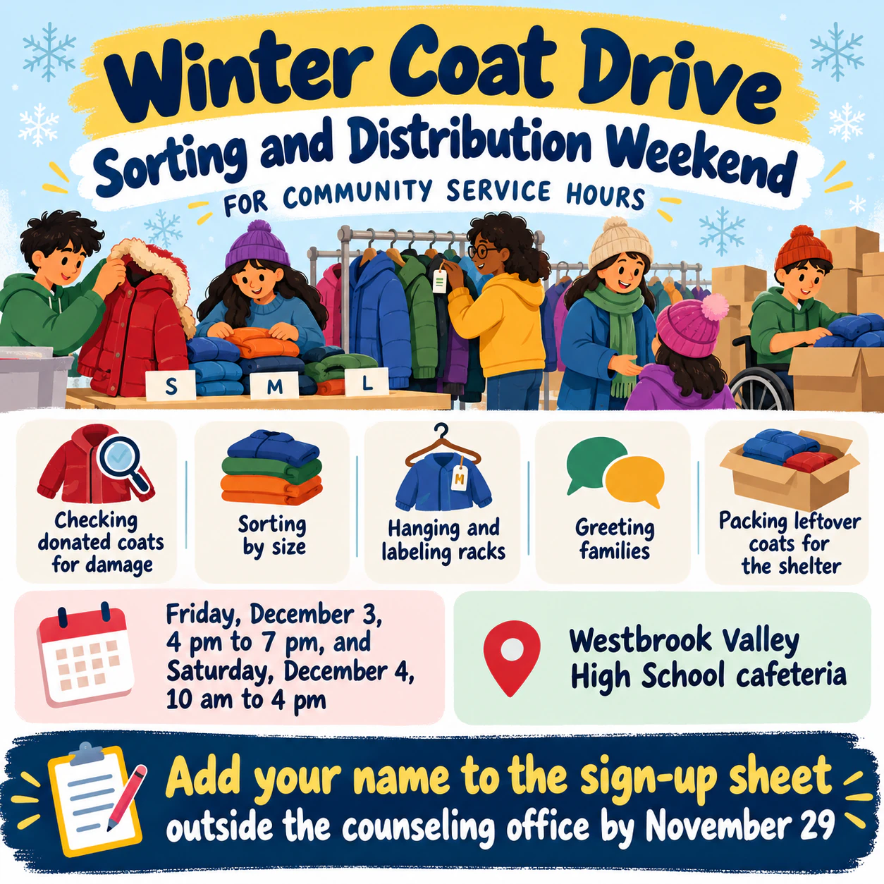 Volunteer recruitment poster for a community activity: Two-day coat drive for service hours, with no organizer